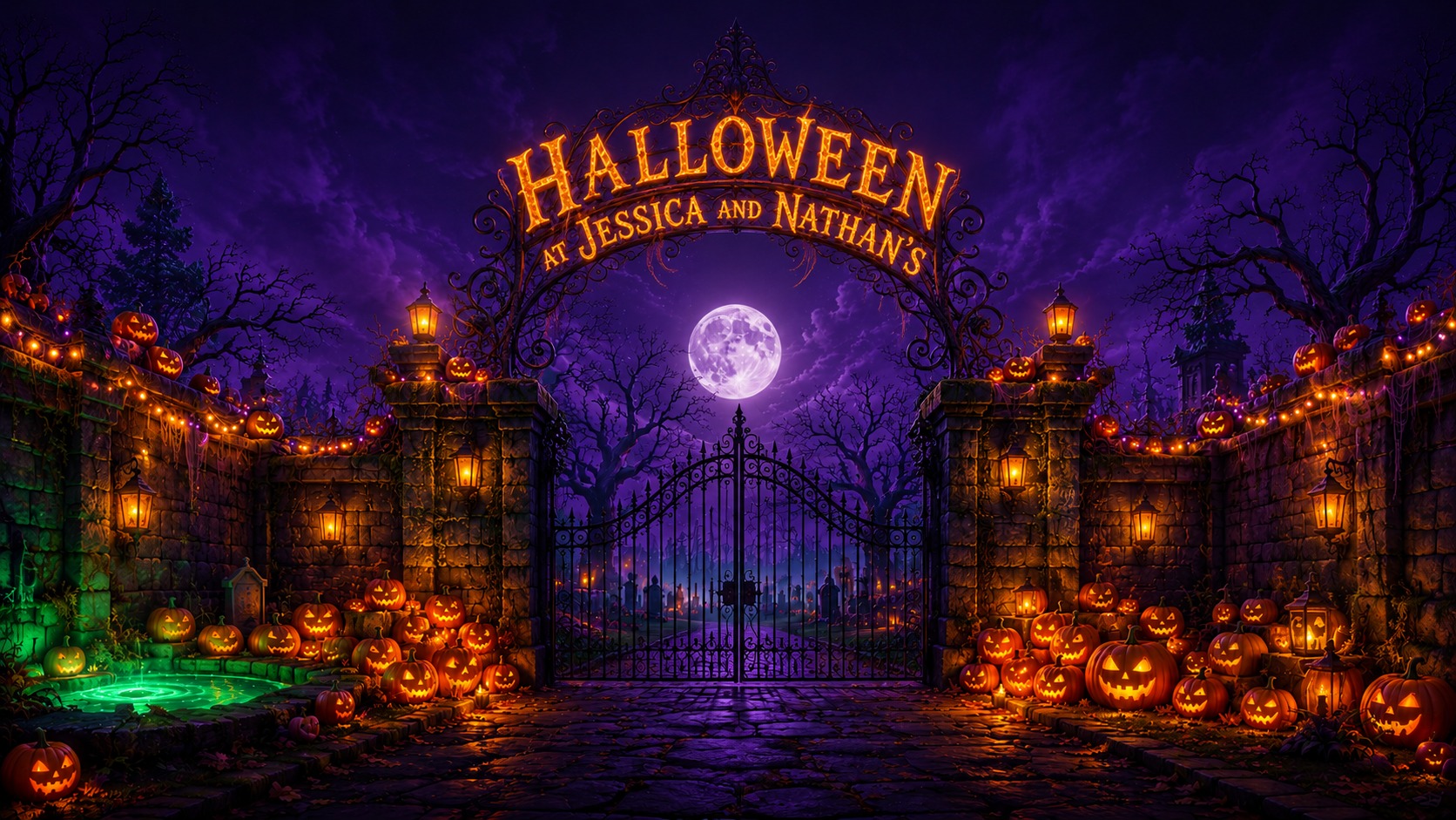 Spooky cemetery gate at night reading Halloween at Jessica and Nathan's, with pumpkins, full moon and a glowing toxic pool